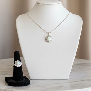 Sparkling White Fire Opal & White Topaz Halo Necklace & Ring Set Sterling Silver